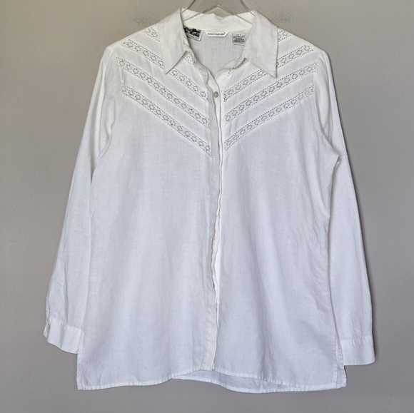 Vintage Richard Malcolm White Button-Up Shirt Crochet Lace Inserts Preppy Luxury - Picture 1 of 10